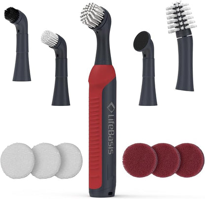 LifeBasis Cordless Rechargeable Power Scrubber Brush, Red | Water-resistant Compact Scrubber with 5 Replaceable Brush Heads for Grout, Tile, Shower, Tub, Kitchen and Bathroom Cleaning