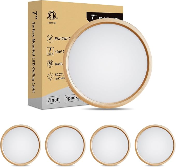 7 Inch LED Ceiling Light - Dimmable 2700K/3000K/3500K/4000K/5000K Selectable LED Ceiling Lights, Ultra Slim 0.67 Inch Round Flat Ceiling Lamps for Bathroom Basement, 7 Inch 4Pack Gold