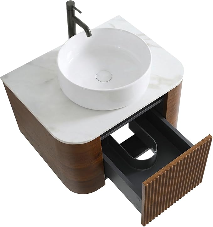 24" Preassembled Floating Bathroom Vanity with Round Sink, Walnut | Mid-Century Modern Style, Fluted & Soft-Close Drawer with U-shaped Wall, Sinterted Stone Countertop, Towel Rack Included
