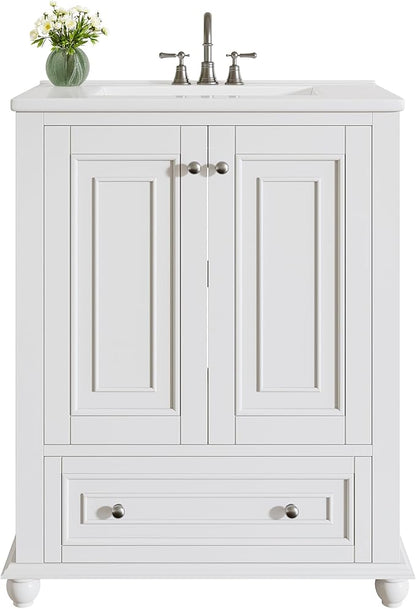 Tribesigns 24" Bathroom Vanity with Ceramic Sink Combo, Freestanding Bathroom Storage Vanity Cabinet with 2 Doors & 1 Drawer, Solid Wooden Frame & Coated Surface, Metal Handle, White