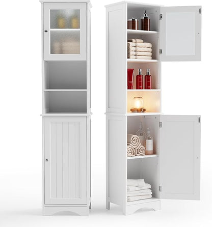 Gizoon 67.1" Tall Bathroom Storage Cabinet with Adjustable Shelves | Narrow Tall Linen Tower with Open Shelves, Two-way Doors, Anti-Tip, for Home, Kitchen, Living Room, White