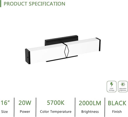 16 Inch Bathroom Vanity Light 2000LM, 5700K Daylight White Modern Bathroom Light Dimmable, AC 120V 20W Matte Black LED Vanity Lighting Fixtures Wall Sconce ETL Certified, 1Pack