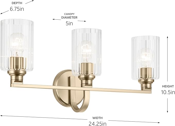 Kichler Gioe 24.25" 3-Light Vanity Light with Clear Fluted Glass in Champagne Bronze, Damp Rated, for Bathroom, Powder Room, Over a Mirror, (24.25" W x 10.5" H), 55226CPZFLU