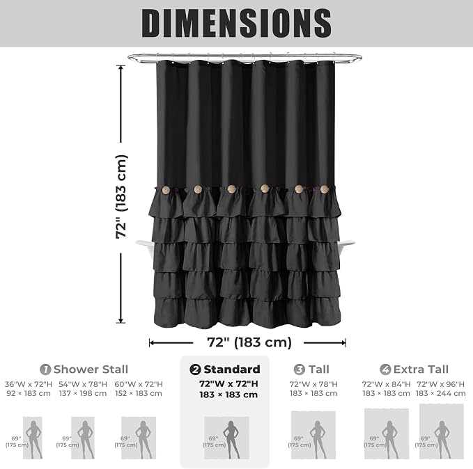 Seasonwood Black Ruffle Shower Curtain Farmhouse Shower Curtain 72 X 72 | Natural button accents, layered fabric tiers, shabby chic and French country styling for decorative bathroom updates
