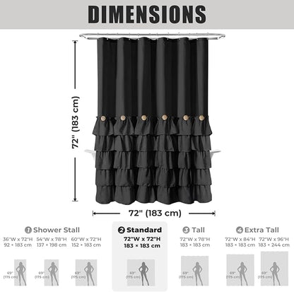 Seasonwood Black Ruffle Shower Curtain Farmhouse Shower Curtain 72 X 72 | Natural button accents, layered fabric tiers, shabby chic and French country styling for decorative bathroom updates