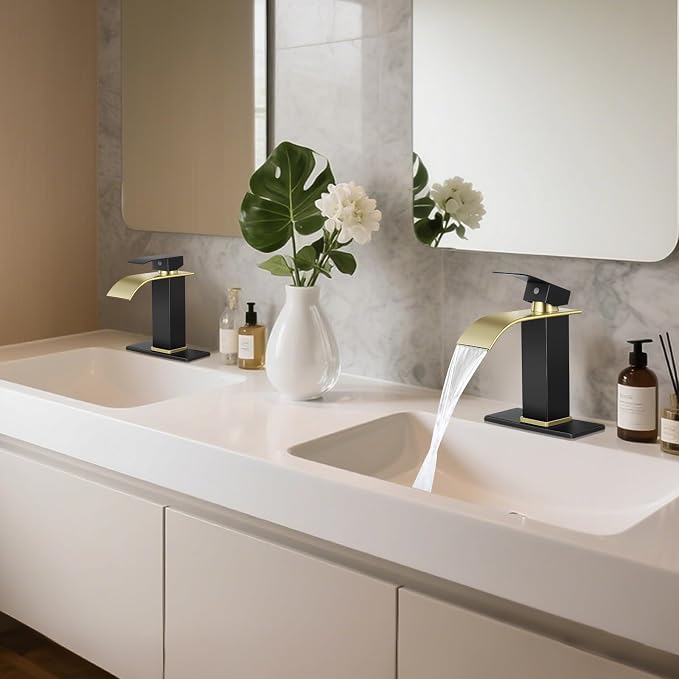 Bathroom Faucets Black and Gold Waterfall Bathroom Sink Faucet | with Pop-up Drain Supply Hoses and Deck,Single Handle Vanity Faucet,Stainless Steel,1 or 3 Hole,RV,Farmhouse Bathrooms