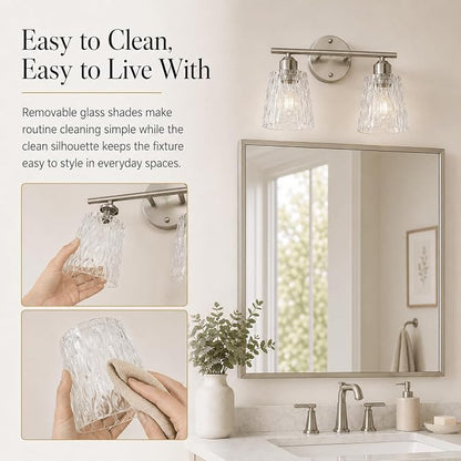 Brushed Nickel Bathroom Light Fixture, 2-Light Modern Vanity Light Over Mirror with Textured Glass Shades, Stainless Steel Construction, E26 Sockets (Bulbs Not Included)