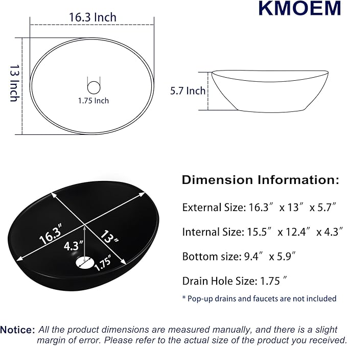 Vessel Sink 16"x13" Oval Bathroom Sink Modern Black Porcelain Ceramic Above Counter Drop-in Vanity Sink for Bathrooms Art Basin