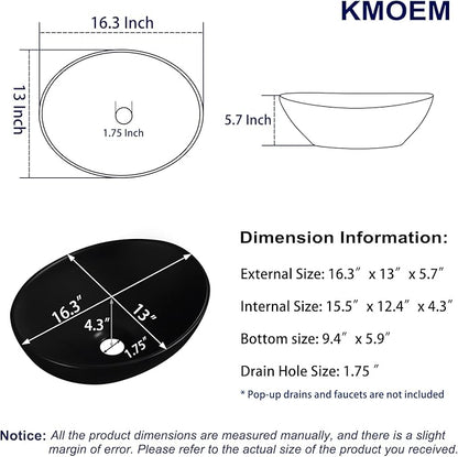 Vessel Sink 16"x13" Oval Bathroom Sink Modern Black Porcelain Ceramic Above Counter Drop-in Vanity Sink for Bathrooms Art Basin