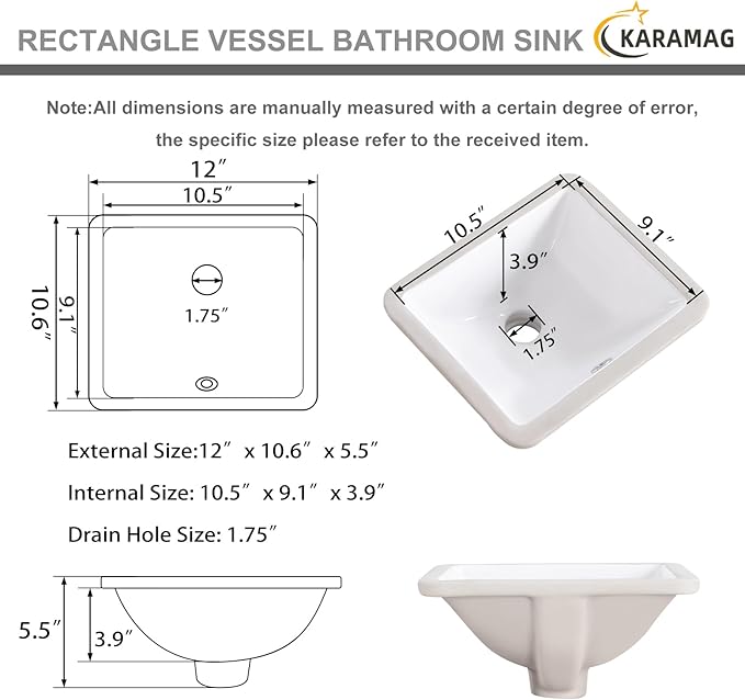12 Inch Small Undermount Bathroom Sink Rectangle Undermount Sink White Ceramic Under Counter Bathroom Sinks with Overflow (12.0"x10.6")