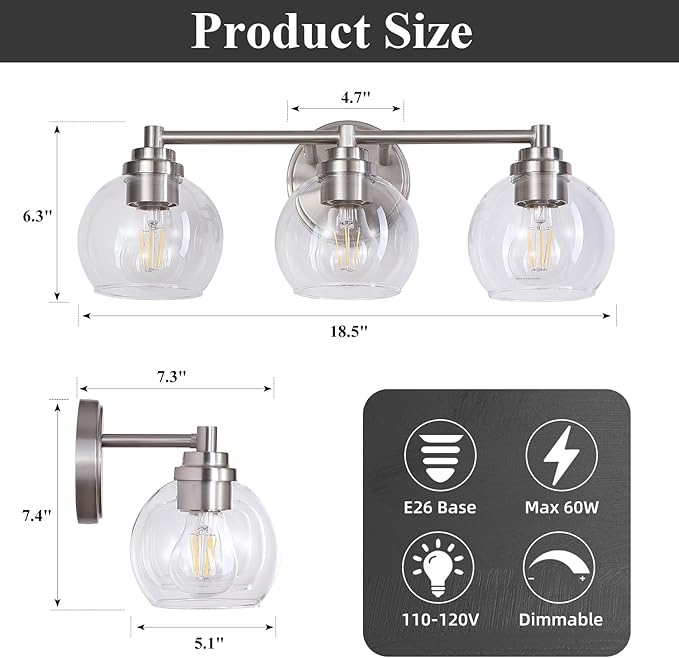 Upgrade 3-Light Bathroom Light Fixtures, Modern Vanity Light with Globe Glass Shade, Brushed Nickel Bathroom Lights Over Mirror, Vanity Lights for Bathroom Bedroom Hallway Living Room
