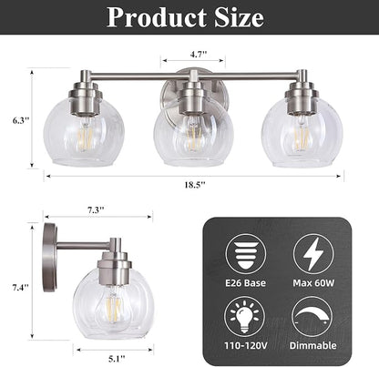 Upgrade 3-Light Bathroom Light Fixtures, Modern Vanity Light with Globe Glass Shade, Brushed Nickel Bathroom Lights Over Mirror, Vanity Lights for Bathroom Bedroom Hallway Living Room