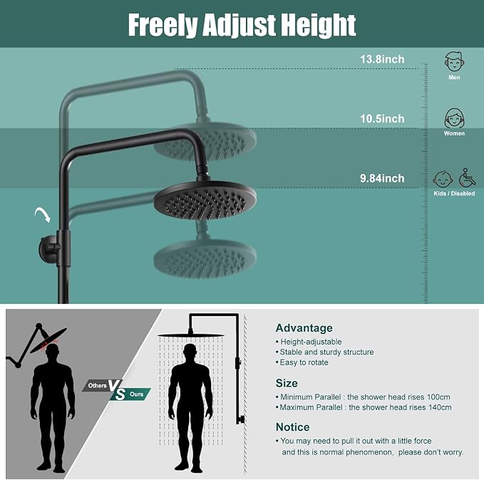 Heyalan Exposed Shower System, 8 Inch Rain Head, Handheld, Matte Black | Exposed shower system with 8 inch rain head, handheld sprayer, single handle control, and complete wall-mounted setup.