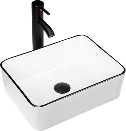 Modern 16" x 12" Rectangle Vessel Sink with Faucet, White Porcelain Above-Counter Bathroom Basin with Black Edge, Stylish Vanity Countertop Sink for Powder Room & Small Spaces