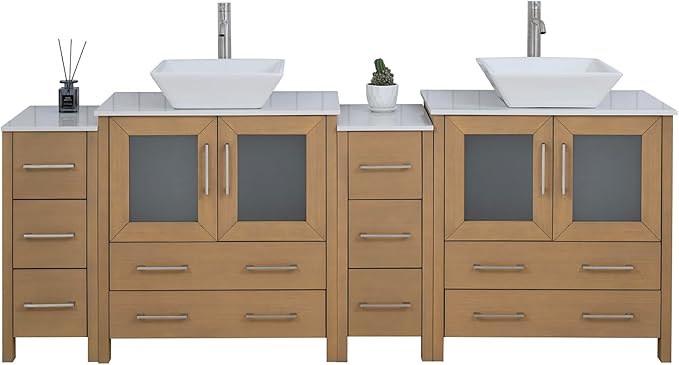 Vanity Art 84 Inch Vessel Double Sink Bathroom Vanity Cabinet with 2 Mirrors, Engineered Marble Top Bathroom Cabinet Compact Set with 10 Dovetail Drawers and Soft Closing Doors, VA3130-84NO