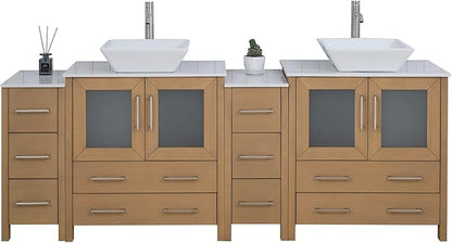 Vanity Art 84 Inch Vessel Double Sink Bathroom Vanity Cabinet with 2 Mirrors, Engineered Marble Top Bathroom Cabinet Compact Set with 10 Dovetail Drawers and Soft Closing Doors, VA3130-84NO