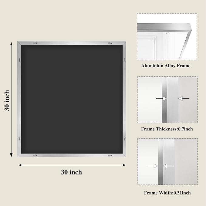 Koonmi Silver Rectangle Wall Mirror, 30x30 Inch Bathroom Mirror, Aluminum Frame Vanity Mirror for Entryway, Living Room, Bedroom Bathroom, Hangs Horizontally or Vertically