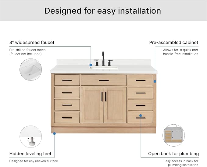 ARIEL Hepburn 60-inch Bathroom Vanity with Sink,Solid Wood, 1.5-inch Pure White Quartz Countertop, Single Rectangular Porcelain Sink, 2 Soft Closing Doors, 9 Dovetail Drawers, White Oak