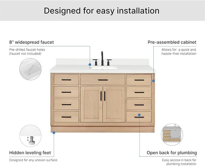 ARIEL Hepburn 60-inch Bathroom Vanity with Sink,Solid Wood, 1.5-inch Pure White Quartz Countertop, Single Rectangular Porcelain Sink, 2 Soft Closing Doors, 9 Dovetail Drawers, White Oak