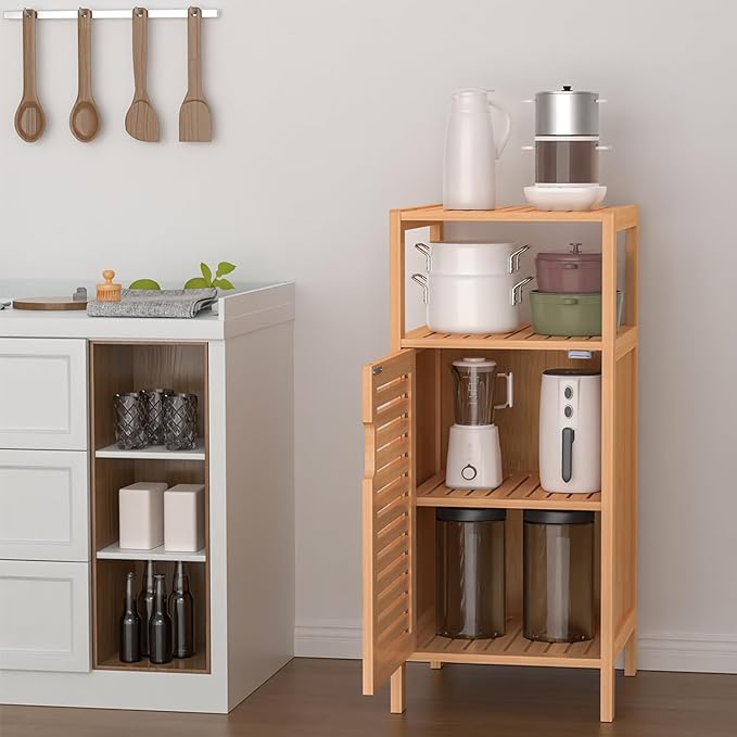 Bamboo Bathroom Storage Cabinet, Freestanding Floor Cabinet with Single Door for Living Room, Bedroom, Hallway, Kitchen