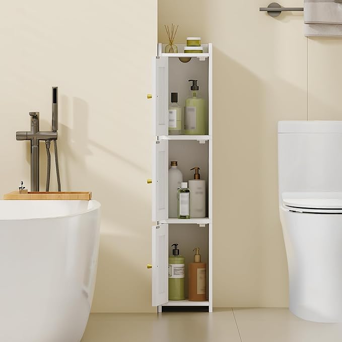 Slim Bathroom Storage Cabinet, Narrow Cabinet with 3 Doors, Small Bathroom Organizers and Storage, Laundry Room Organization for Small Space, Kitchen, Living Room, White 022313X