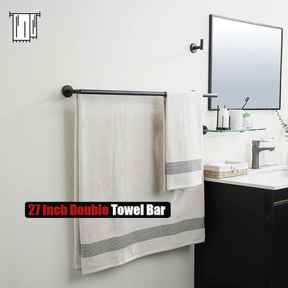 JQK Double Bath Towel Bar, Matte Black 30 Inch 304 Stainless Steel Thicken 0.8mm Towel Rack for Bathroom, Towel Holder Wall Mount, Useable Length 27 Inch, TB100L27-PB