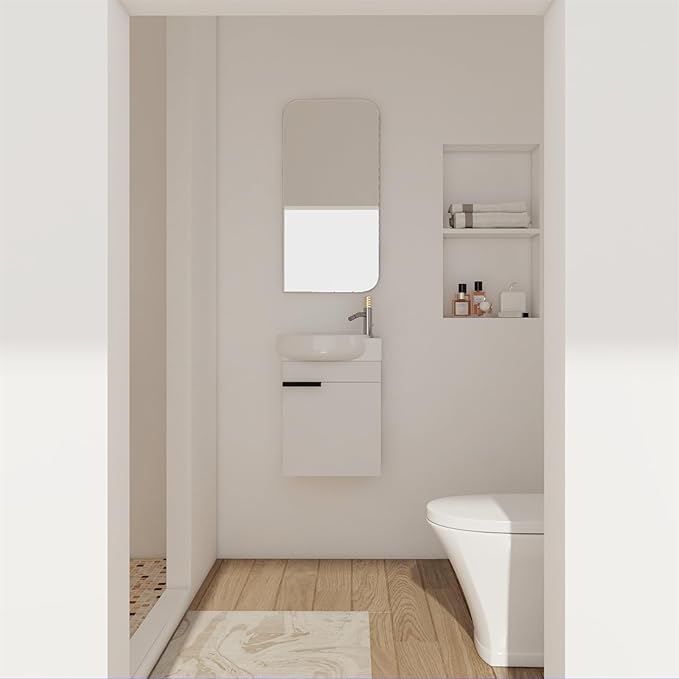 Henf 17 Inch Wall Mounted Bathroom Vanity Sink Combo for Small Space,Modern White Vanities Set with Ceramic Sink Top,Hanging Garage Vanity w/Sink, Floating Small Bathroom Cabinet Compact