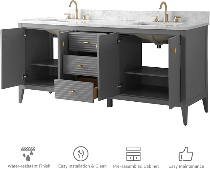 HOMEBEYOND 72" Bathroom Vanity with Double Sink, Solid Wood Bathroom Vanity Free-Standing Cabinet, Ceramic Top & Soft Closing Door, Golden Brushed Handware, Cashmere Gray