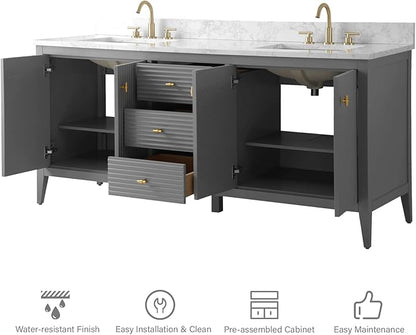 HOMEBEYOND 72" Bathroom Vanity with Double Sink, Solid Wood Bathroom Vanity Free-Standing Cabinet, Ceramic Top & Soft Closing Door, Golden Brushed Handware, Cashmere Gray