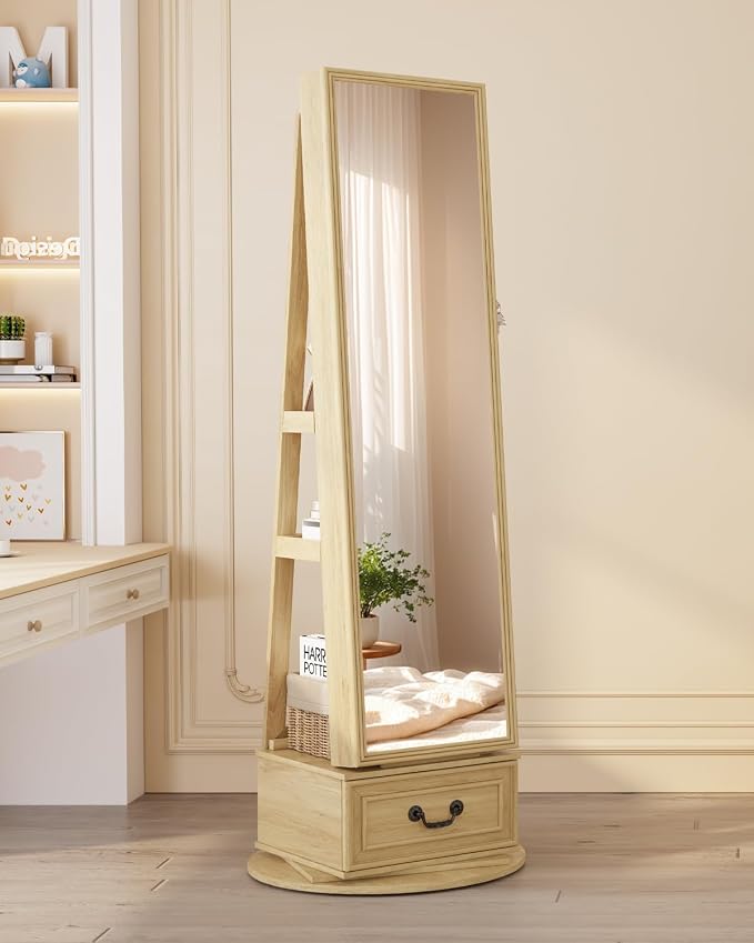 Vlsrka Mirror Jewelry Cabinet Standing with Lights, Lockable, Swivel, Wood | Standing Jewelry Armoire with Full Length Mirror, Large Jewelry Organizer Storage with Foldable Makeup Shelf, 3 LED Lights