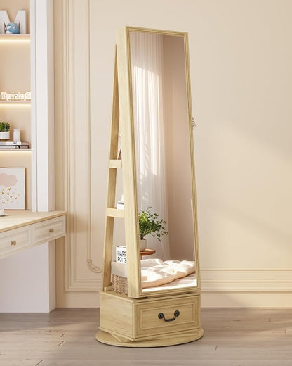 Vlsrka Mirror Jewelry Cabinet Standing with Lights, Lockable, Swivel, Wood | Standing Jewelry Armoire with Full Length Mirror, Large Jewelry Organizer Storage with Foldable Makeup Shelf, 3 LED Lights