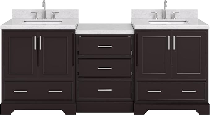ARIEL Stafford 84-inch Bathroom Vanity with Sink,Solid Wood, 1.5in Italian Carrara Marble Countertop, Double Rectangular Porcelain Sink, 4 Soft Closing Doors, 5 Dovetail Drawers, Espresso