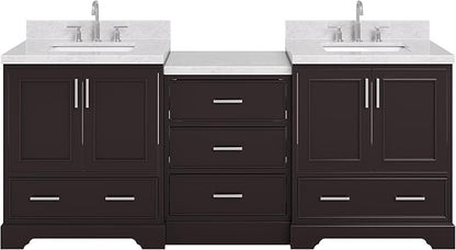 ARIEL Stafford 84-inch Bathroom Vanity with Sink,Solid Wood, 1.5in Italian Carrara Marble Countertop, Double Rectangular Porcelain Sink, 4 Soft Closing Doors, 5 Dovetail Drawers, Espresso