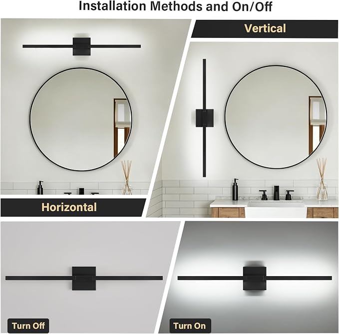 Black Bathroom Vanity Light, 31 Inch LED Light Bar Over Mirror | Modern Bathroom Light Fixture Over Mirror for Vanity, 360° Rotatable Dimmable LED Wall Mounted Lighting, ETL Certified