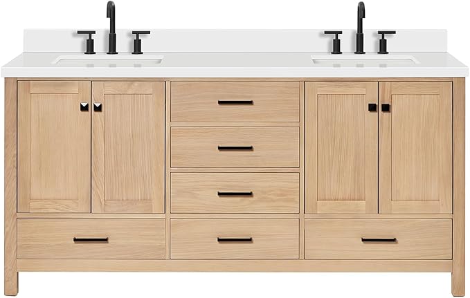 ARIEL 73 inch Double Bathroom Vanity top with Sink, 1.5 Inch Thick Miter Edge White Quartz top, Rectangle Double Sink Vanity top, Includes Backsplash