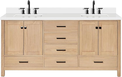 ARIEL 73 inch Double Bathroom Vanity top with Sink, 1.5 Inch Thick Miter Edge White Quartz top, Rectangle Double Sink Vanity top, Includes Backsplash