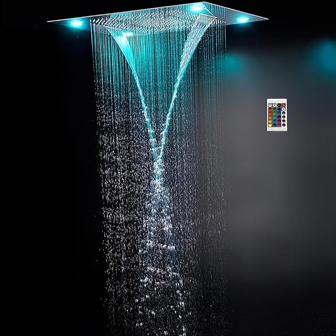 Cascada Classic Design 23”x31” large recessed LED rain shower head w/3 modes (Rain+ Water Curtain + Waterfall)(NON Music, Brushed Nickel)