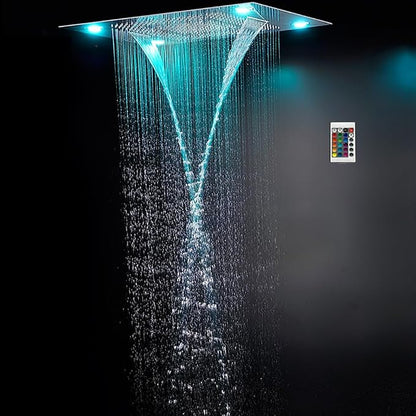 Cascada Classic Design 23”x31” large recessed LED rain shower head w/3 modes (Rain+ Water Curtain + Waterfall)(NON Music, Brushed Nickel)
