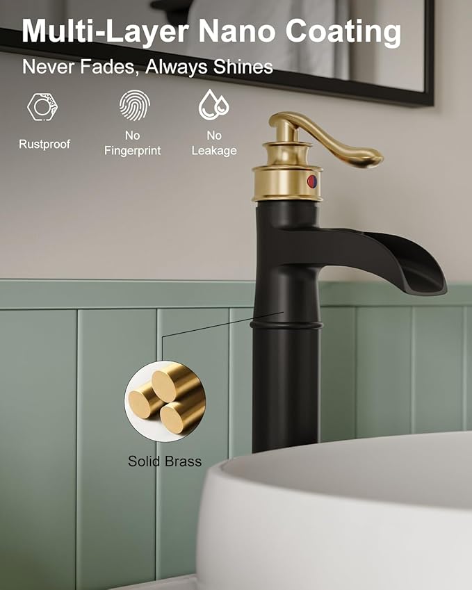 BWE Waterfall Vessel Sink Faucet Black and Gold Bathroom Faucet 1 Hole Single Handle Tall Bathroom Faucet with Pop Up Drain Assembly and Supply Lines Lavatory Vanity Bath Mixer Tap