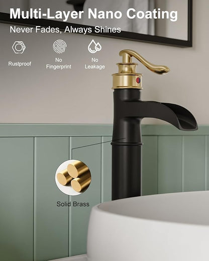 BWE Waterfall Vessel Sink Faucet Black and Gold Bathroom Faucet 1 Hole Single Handle Tall Bathroom Faucet with Pop Up Drain Assembly and Supply Lines Lavatory Vanity Bath Mixer Tap