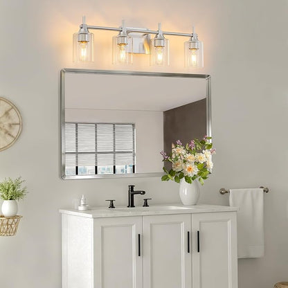 4-Light Modern Bathroom Vanity Light,Brushed Nickel Light Fixtures for Bathroom,Modern Wall Light Over Mirror with Glass E26 Socket (Bulbs Not Included)