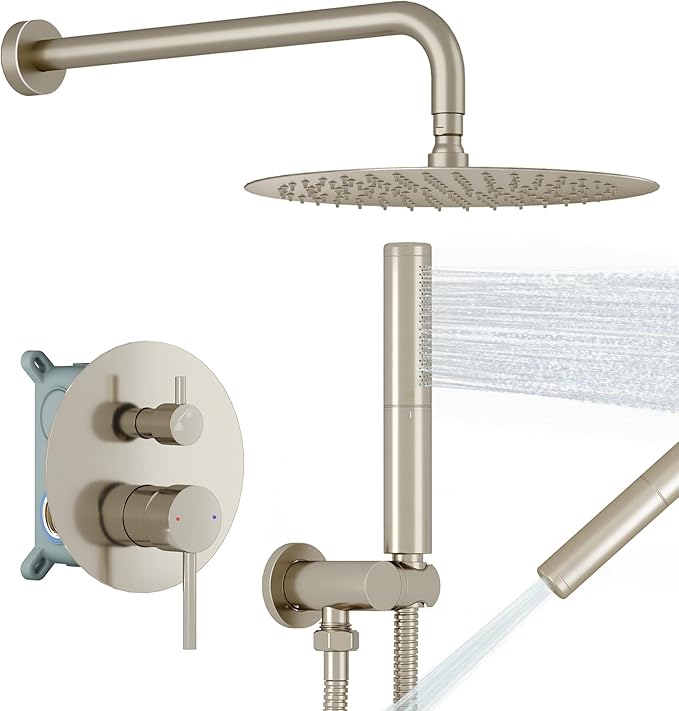 BESy Shower System with 10 Inch Round Rain Shower Head and Handheld Wall Mounted, High Pressure Rainfall Shower Faucet Fixture Combo Set with 2 in 1 Handheld Showerhead for Bathroom, Nickel