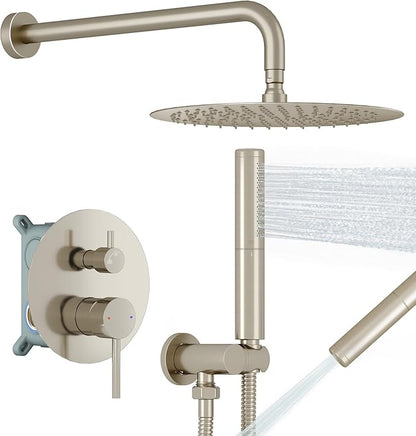 BESy Shower System with 10 Inch Round Rain Shower Head and Handheld Wall Mounted, High Pressure Rainfall Shower Faucet Fixture Combo Set with 2 in 1 Handheld Showerhead for Bathroom, Nickel