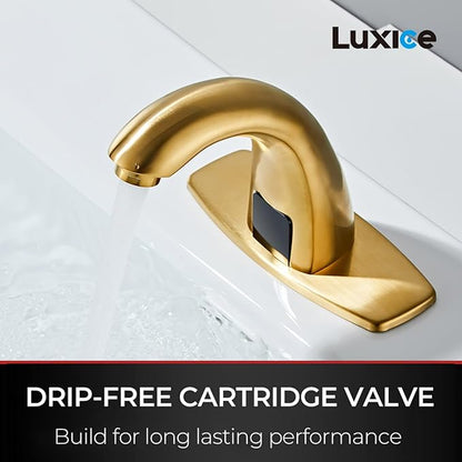 Luxice Brushed Gold Touchless Bathroom Sink Faucet - Automatic Motion Sensor Battery Opertated with Temperature Mixing Valve for Commercial Lavatory