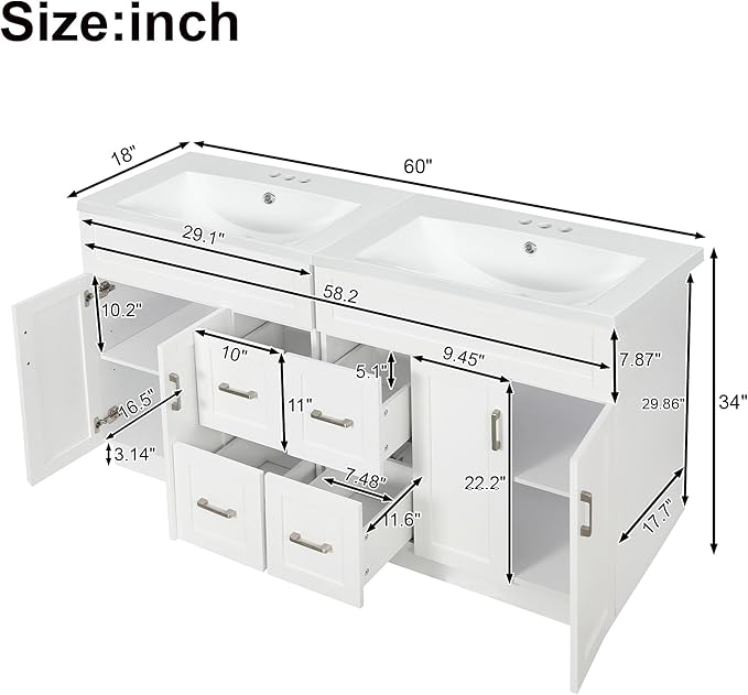 60" Bathroom Vanity Set with Double Sink, Harper & Bright Designs Vanity Cabinet with 4 Cabinet Doors, 4 Drawers, 2 Adjustable Shelves, Solid Wood Bathroom Cabinet with Resin Basin for Bathroom, White