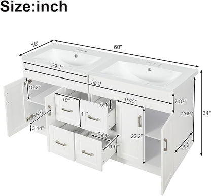 60" Bathroom Vanity Set with Double Sink, Harper & Bright Designs Vanity Cabinet with 4 Cabinet Doors, 4 Drawers, 2 Adjustable Shelves, Solid Wood Bathroom Cabinet with Resin Basin for Bathroom, White