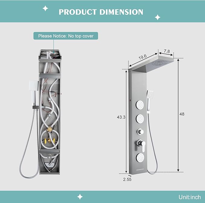 Shower Panel Tower System for Bathroom - 5 In 1 Full Body Shower Tower With Led, Rainfall Shower Head With Powerful Body Jets, Handheld Shower and Tub Spout, Brushed Finish