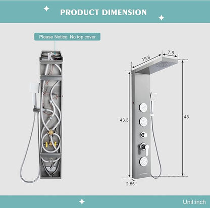 Shower Panel Tower System for Bathroom - 5 In 1 Full Body Shower Tower With Led, Rainfall Shower Head With Powerful Body Jets, Handheld Shower and Tub Spout, Brushed Finish