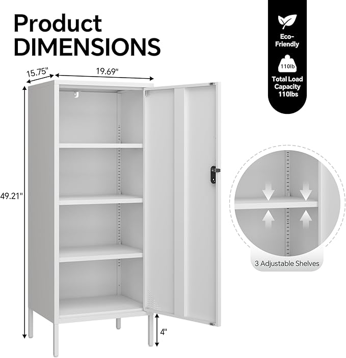 Metal Locker Cabinet Lockable Bathroom Storage Cabinet Black 4 Tier Employee Lockers for Home, School, Office, Garage (White, 19.69" D x 15.75" W x 49.21" H)