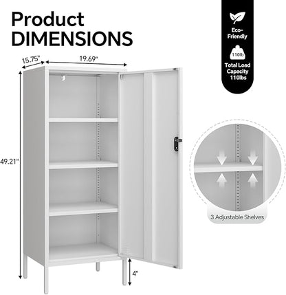 Metal Locker Cabinet Lockable Bathroom Storage Cabinet Black 4 Tier Employee Lockers for Home, School, Office, Garage (White, 19.69" D x 15.75" W x 49.21" H)